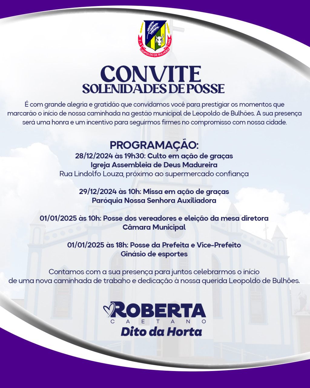 ​DEFINIDA A PROGRAMAÇÃO DE POSSE DA PREFEITA, VICE-PREFEITO E VEREADORES DE LEOPOLDO DE BULHÕES
