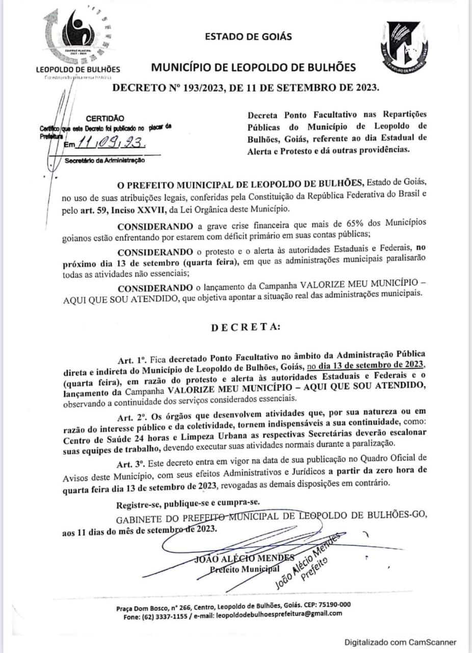 ​PREFEITURAS PARALISAM AS SUAS ATIVIDADES NESTA QUARTA-FEIRA EM PROTESTO PELA QUEDA DAS RECEITAS. PREFEITURA DE LEOPOLDO DE BULHÕES TAMBÉM VAI PARAR